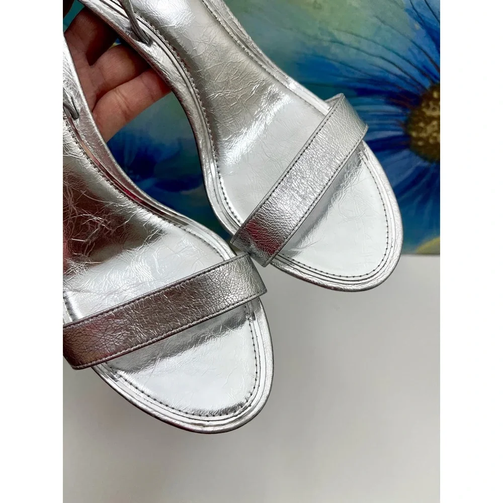 New Tory Burch Silver Metallic Leather Slingback Stiletto Sandals 8.5